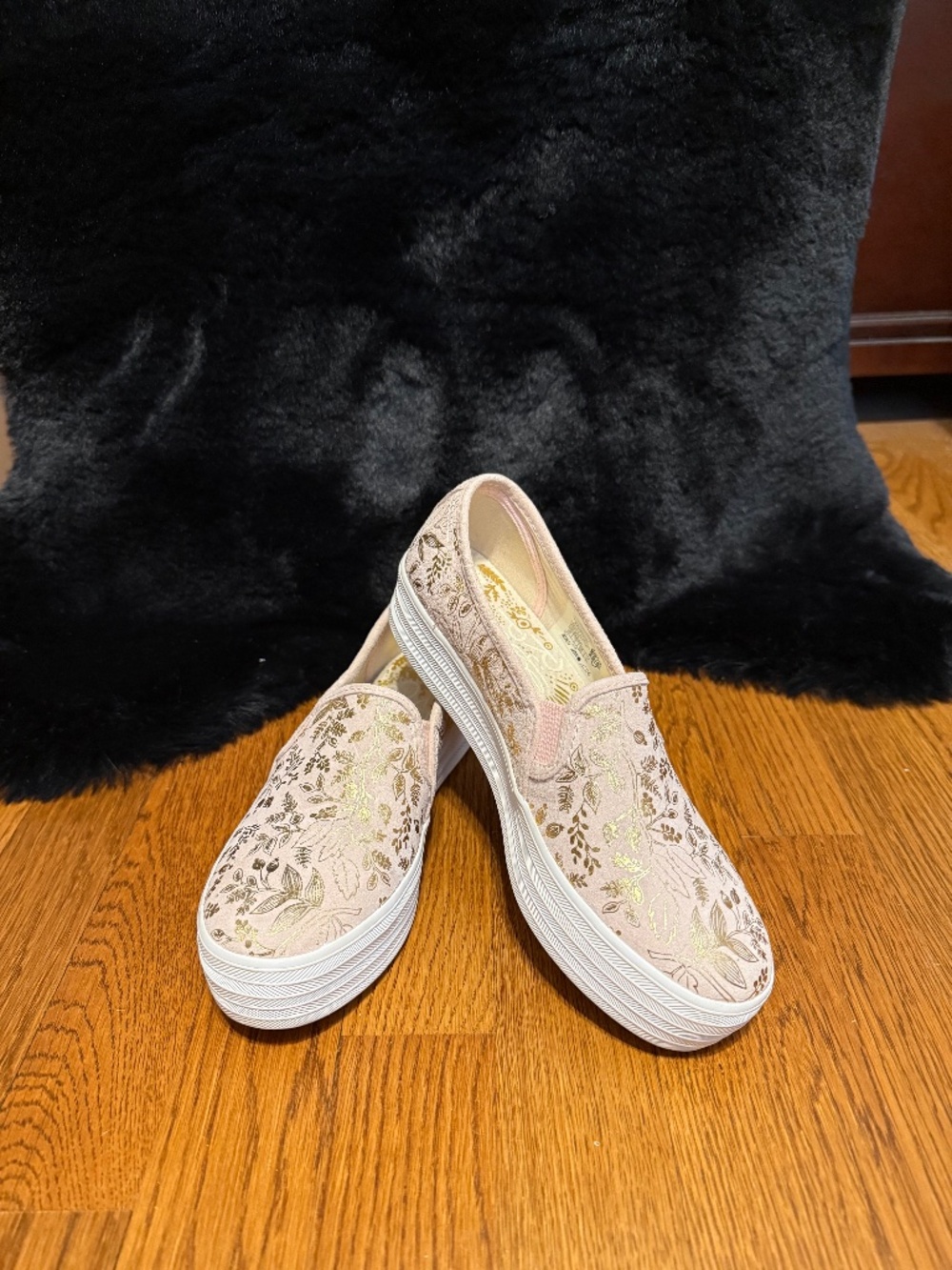 Rifle Paper Keds collaboration gorgeous light pink with gold floral and pattern
